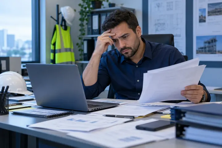 Técnico cansado alternando entre a planilha e as folhas impressas