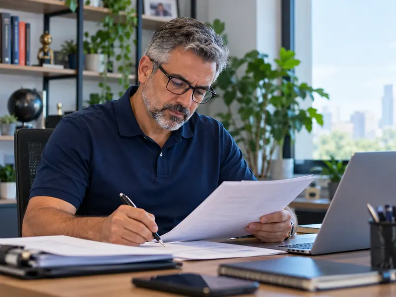 Engenheiro de segurança revisando com calma um documento impresso