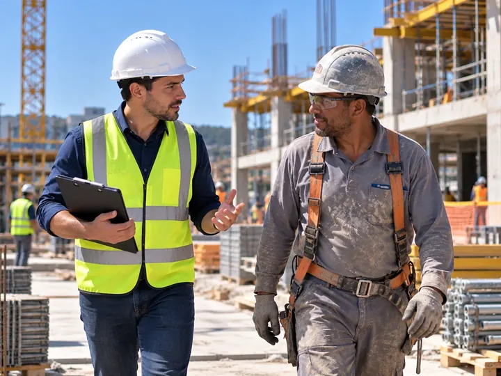 Técnico de segurança conversando com um operário na obra