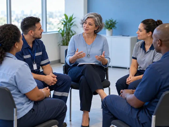 Psicóloga conduzindo uma roda de conversa com trabalhadores