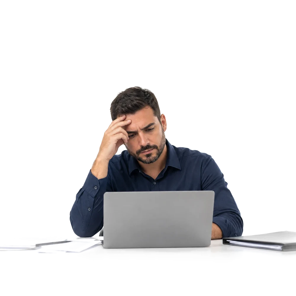 Técnico de segurança preocupado em frente ao notebook